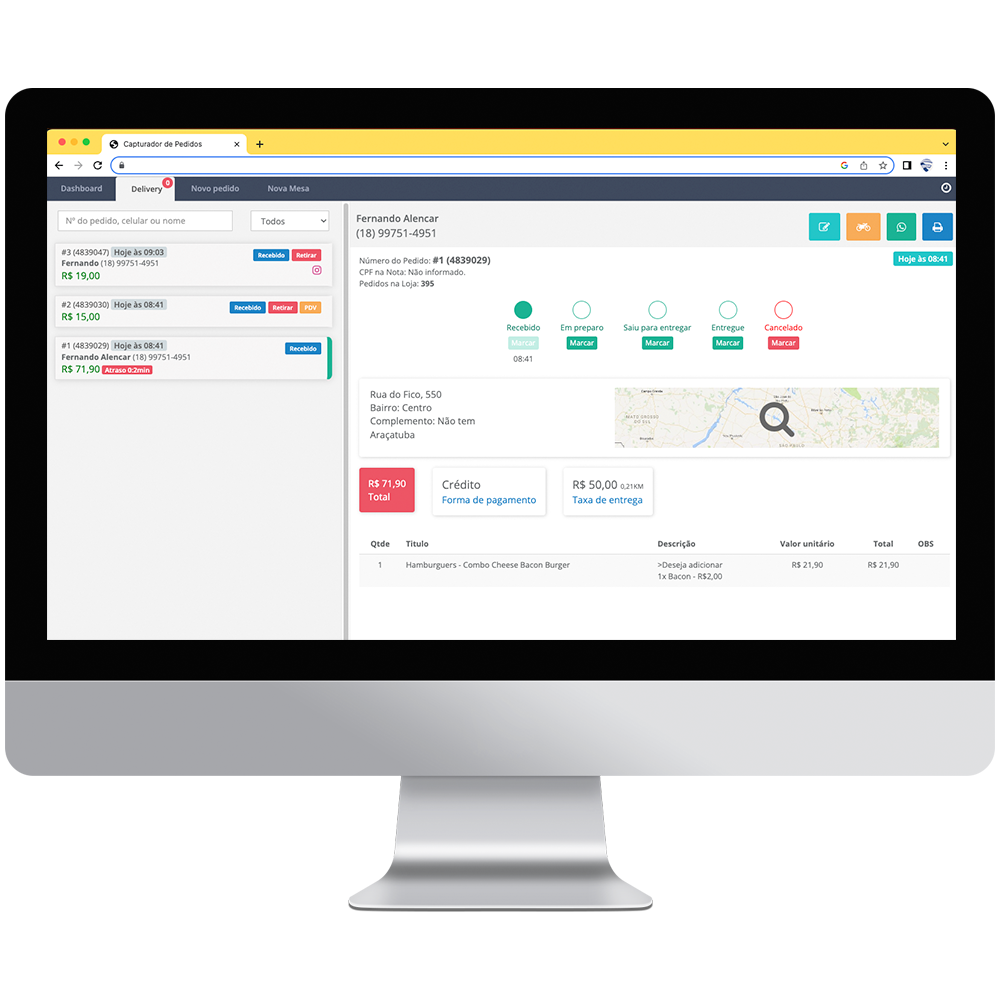 Painel de pedidos da Sertão Delivery